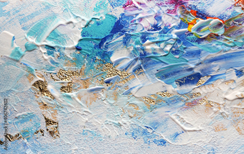 Art Abstract acrylic blue color and gold patal smear blot painting. Horizontal texture canvas background.