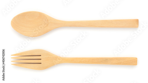 Close up top view wooden fork and spoon on white background isolated