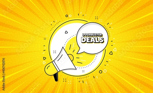 Doorbuster deals. Yellow vector button with megaphone. Special offer price sign. Advertising discounts symbol. Doorbuster deals line icon. Abstract yellow background. Vector