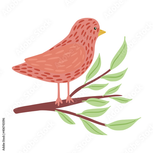 Bird sitting on twig isolated on white background. Cute simple character pink color on stick with foliage in doodle style.