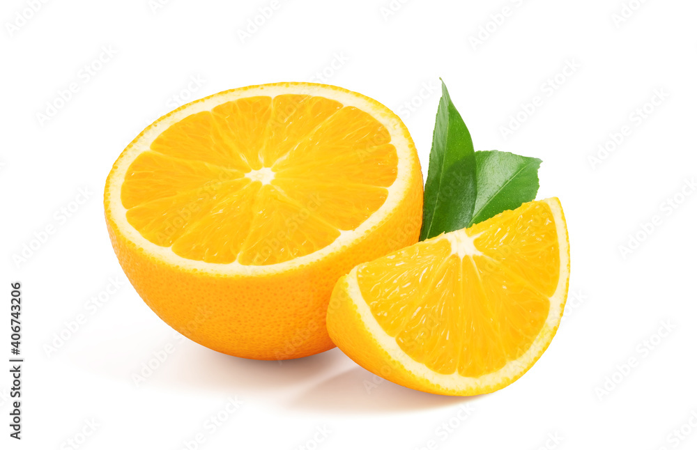 Orange fruit with cut half and slice with leaf isolated on white background, clipping path Orange fruit with cut half and slice with leaf isolated on white background, clipping path