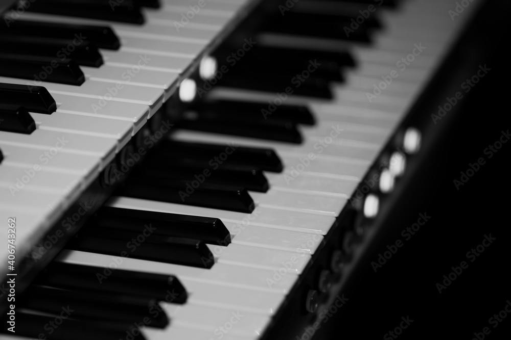 Close-Up Detail of Organ Keys in a Cathedral Church in Black and White
