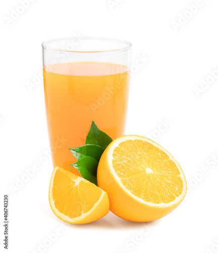 Glass of fresh orange juice with fruits cut in half and sliced with green leaf isolated on white background, clipping path