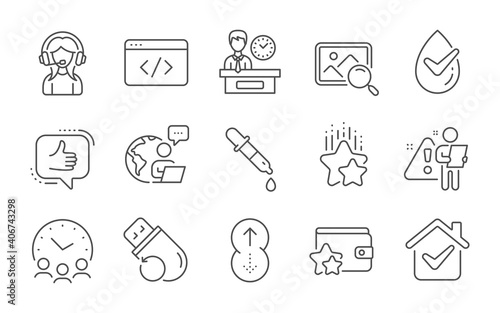 Meeting time, Dermatologically tested and Presentation time line icons set. Support, Search photo and Like signs. Swipe up, Seo script and Chemistry pipette symbols. Line icons set. Vector