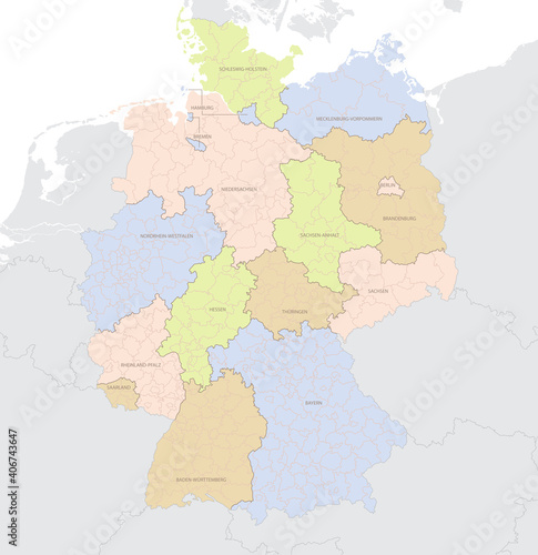 Detailed location map of Germany in Europe with administrative divisions into federal states and regions of the country, vector illustration