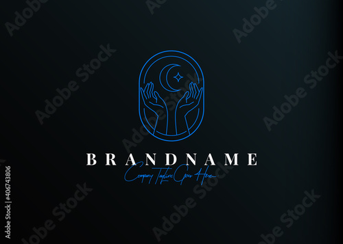 hand and moon logo design. Vector illustration of gesture hand with moon and star. Vintage logo design vector line icon template