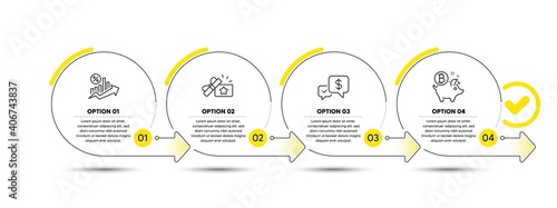 Payment received, Loan percent and Loyalty gift line icons set. Timeline process infograph. Bitcoin coin sign. Money, Growth chart, Bonus award. Piggy bank. Finance set. Vector