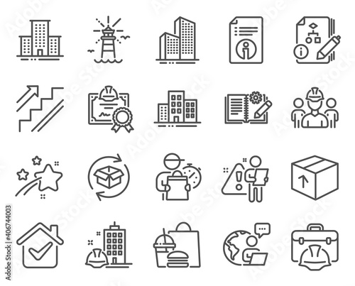 Industrial icons set. Included icon as Return parcel, Construction toolbox, Skyscraper buildings signs. Lighthouse, Engineering team, Package symbols. Stairs, Buildings, Certificate. Vector