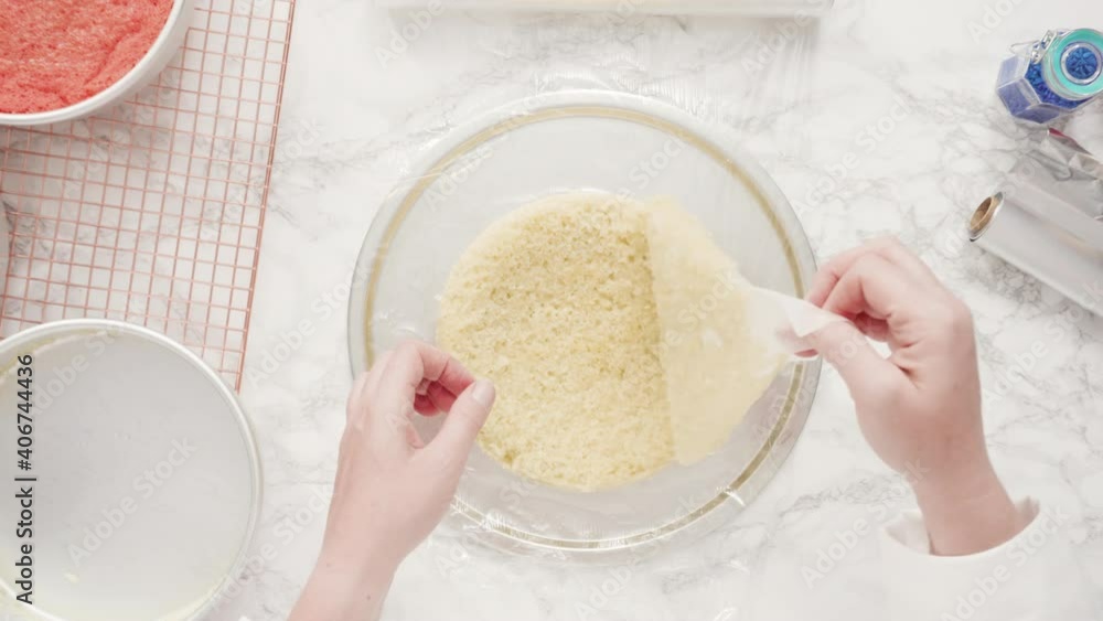 Step by step. Flat lay. Wrapping freshly baked cake layers into clear food wrap and cooking foil to freeze. Step by step. Flat lay. Wrapping freshly baked cake layers into clear food wrap and cooking foil to freeze.