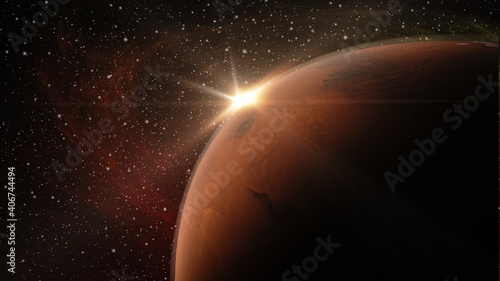 Fototapeta Naklejka Na Ścianę i Meble -  Image of the sunrise over Mars 3D illustration

