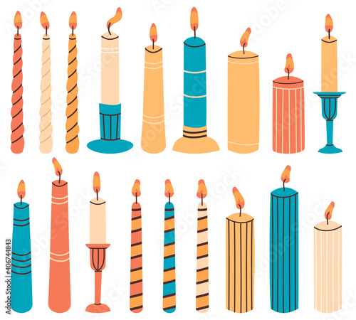 Wax burning candles. Hand drawn decorative element, aromatherapy burning colorful candles. Holiday decorative candles vector illustration set for home relaxation. Holders and candlesticks