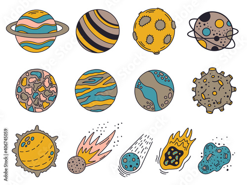 Doodle planets. Hand drawn universe planets and meteorites, cute solar system bodies. Cosmic elements vector background illustration. Celestial objects set isolated. Asteroids, sun elements