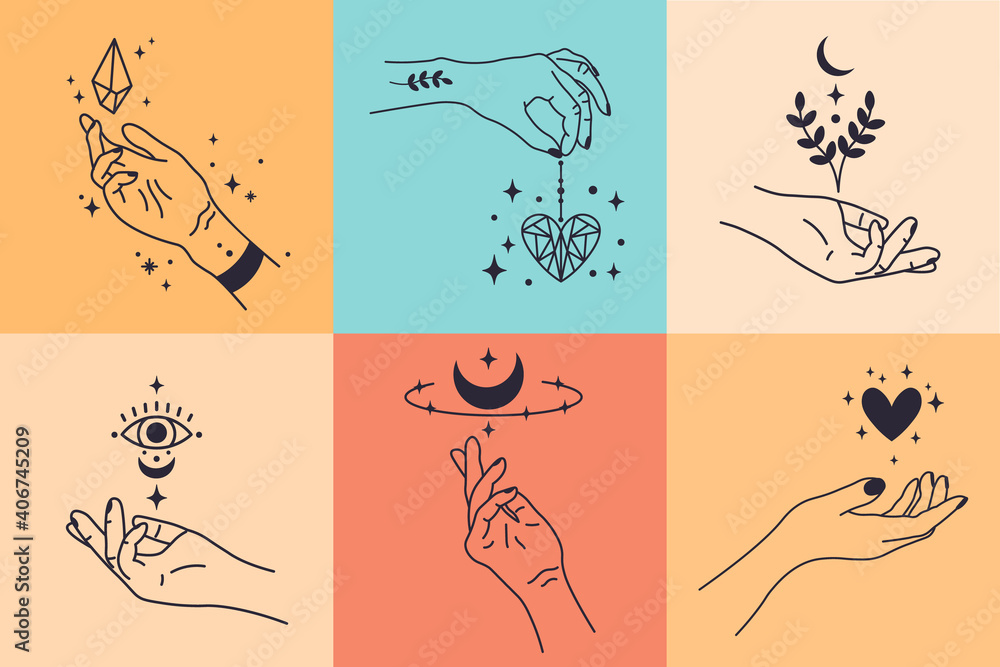 Female hands. Hand drawn minimal hand gestures. Feminine arms with crystal, heart and flower vector illustration set. Tattooed arms holding spirital or magical amulets as moon and eye
