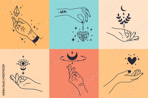 Female hands. Hand drawn minimal hand gestures. Feminine arms with crystal, heart and flower vector illustration set. Tattooed arms holding spirital or magical amulets as moon and eye