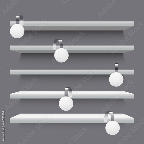 Shop shelves with advertising wobblers. Realistic empty supermarket shelf with promotional wobbler tags. Promotion wobbler shelves vector illustration set. Discount announcement round labels