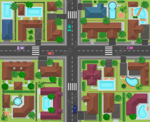 City block top view. Town street panorama with houses, gardens, trees and roads, city landscape infrastructure vector illustration. Top view city map. Transportation and house yards with plants