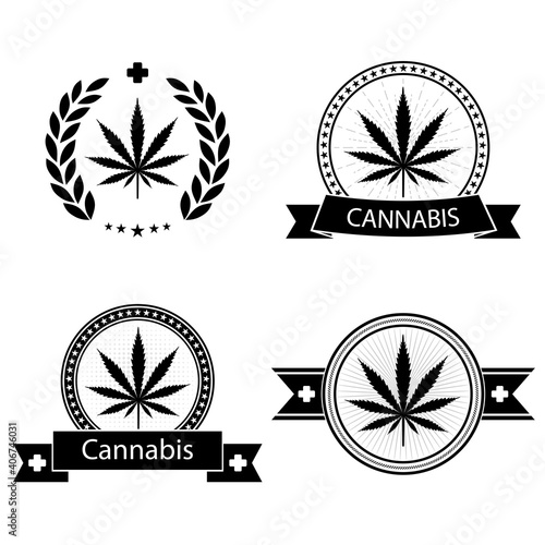 illustration set medical marijuana and cannabis logo, leaf in circle with banner on white background