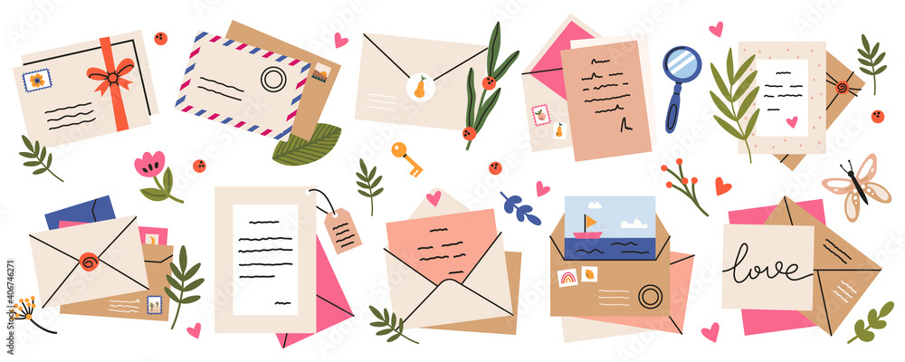 Mail envelopes. Post cards, envelopes, post stamps, craft paper letters and mail envelopes. Postage cards, cute envelopes vector illustration set. Love messages with stickers and plants