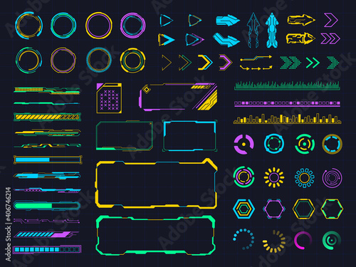 Interface hud elements. Digital holographic hud bars and frames, user screen menu elements. Futuristic hologram panels vector illustration set. Colorful virtual arrows, borders for info