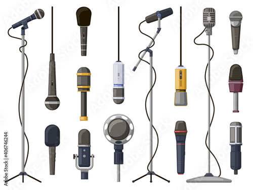 Music microphones. Studio sound, broadcast, or music record equipment, music record technology. Microphone for audio broadcast vector illustration set. Mic for karaoke singing and performance