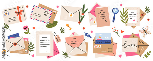 Mail envelopes. Post cards, envelopes, post stamps, craft paper letters and mail envelopes. Postage cards, cute envelopes vector illustration set. Love messages with stickers and plants