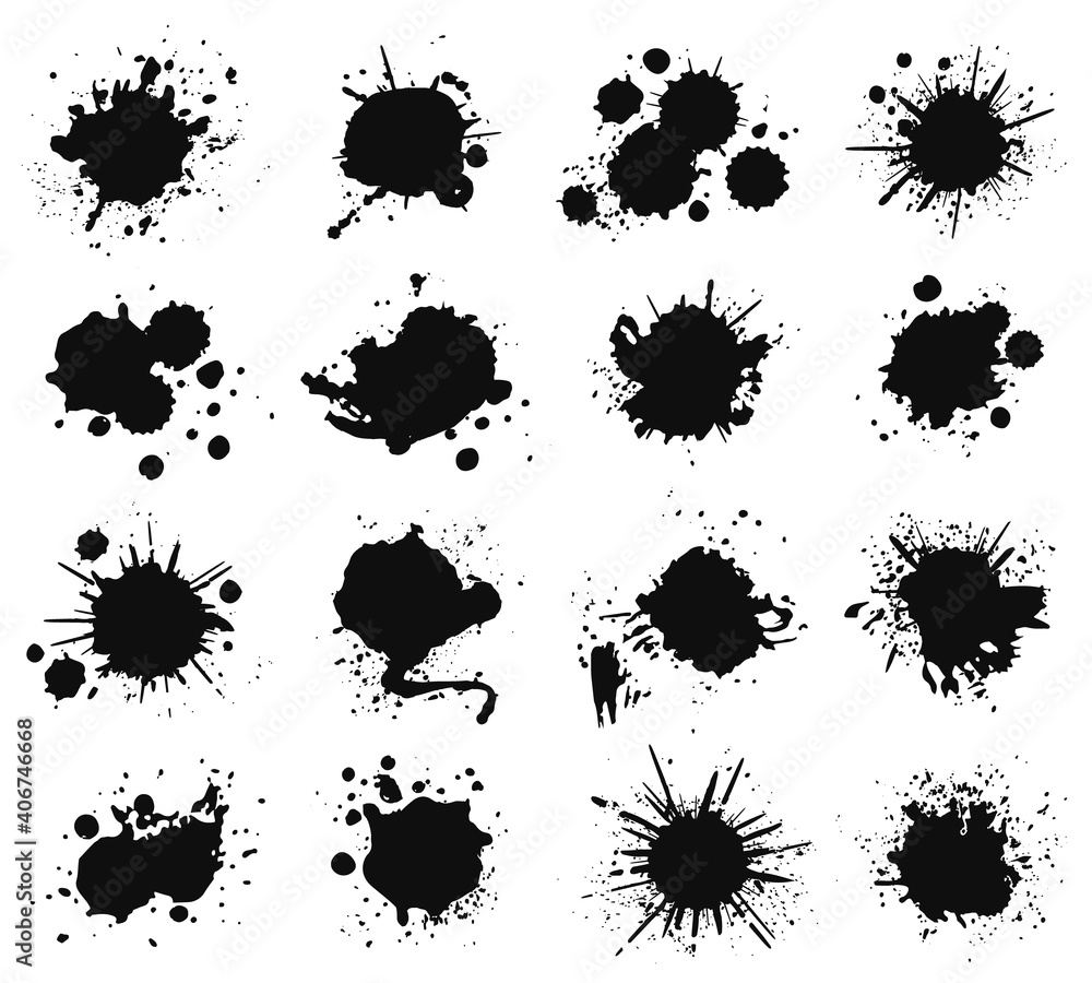 Ink splashes and drops. Grunge ink splatter, liquid drip splash, black blots and splashes. Artistic ink spots vector illustration set. Liquid spray collection, dye paintbrush elements Ink splashes and drops. Grunge ink splatter, liquid drip splash, black blots and splashes. Artistic ink spots vector illustration set. Liquid spray collection, dye paintbrush elements