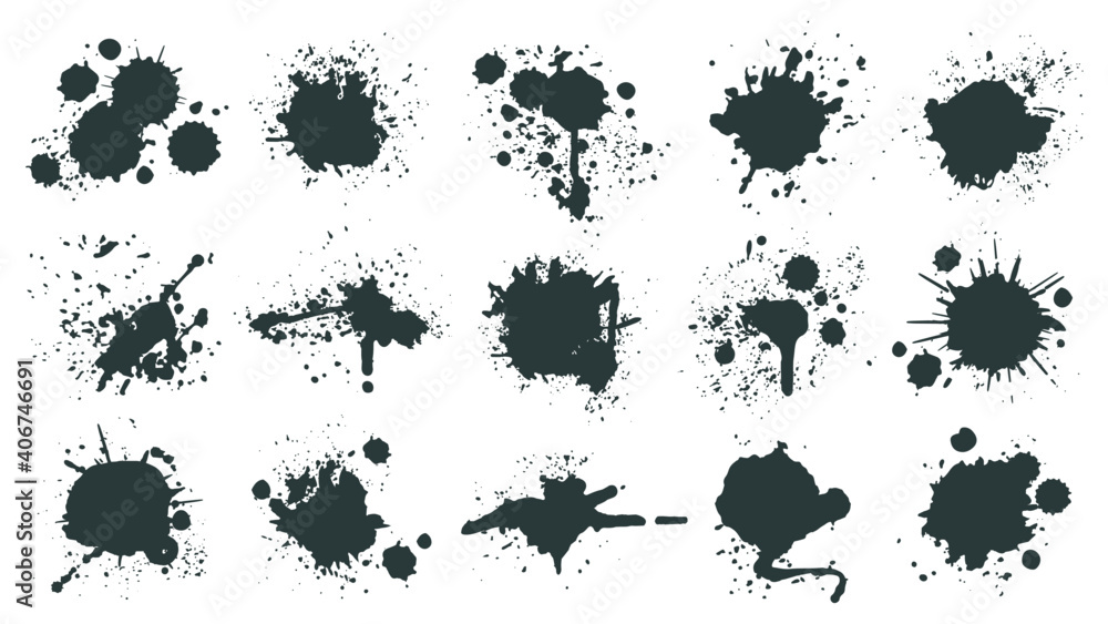 Ink drops. Paint splash, grunge liquid drop splashes, abstract artistic ink splatter. Black ink splashes vector illustration set. Isolated spray elements or blobs of different form on white
