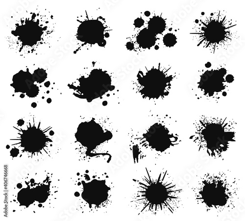 Ink splashes and drops. Grunge ink splatter  liquid drip splash  black blots and splashes. Artistic ink spots vector illustration set. Liquid spray collection  dye paintbrush elements