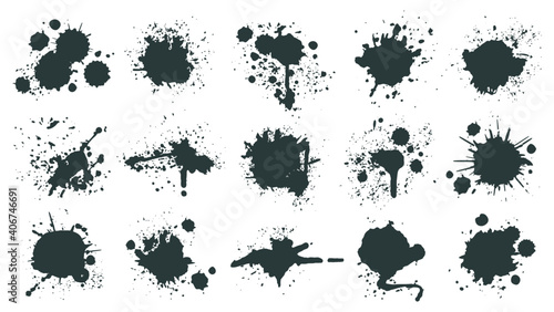Ink drops. Paint splash, grunge liquid drop splashes, abstract artistic ink splatter. Black ink splashes vector illustration set. Isolated spray elements or blobs of different form on white