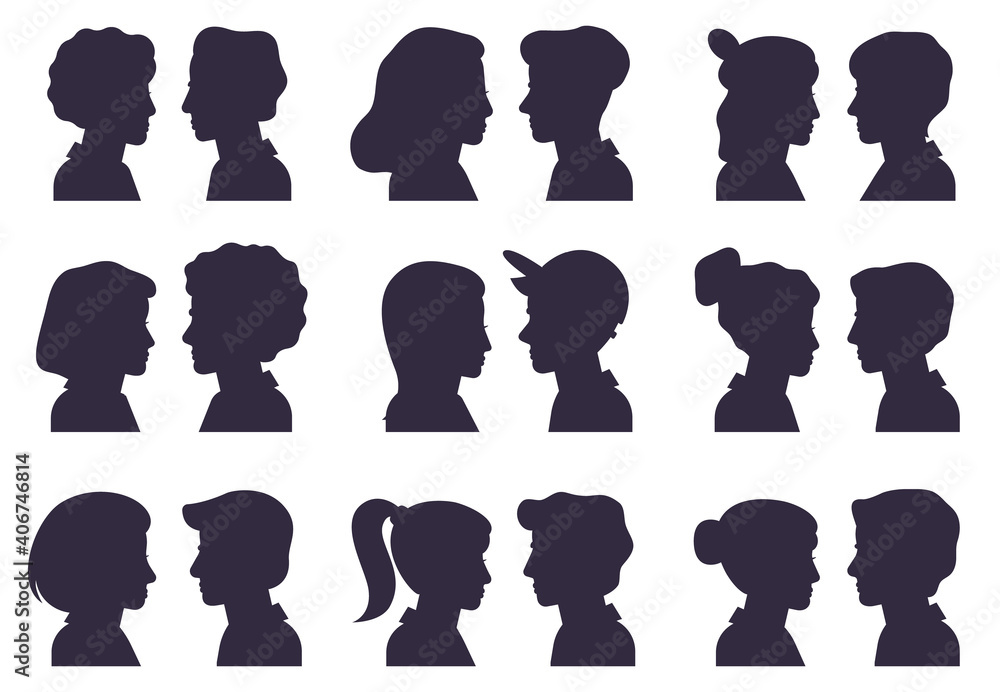 Face profile silhouettes. Male and female heads silhouettes, woman and man avatar portraits flat vector illustration set. People anonymous face silhouette with different hairstyle and caps