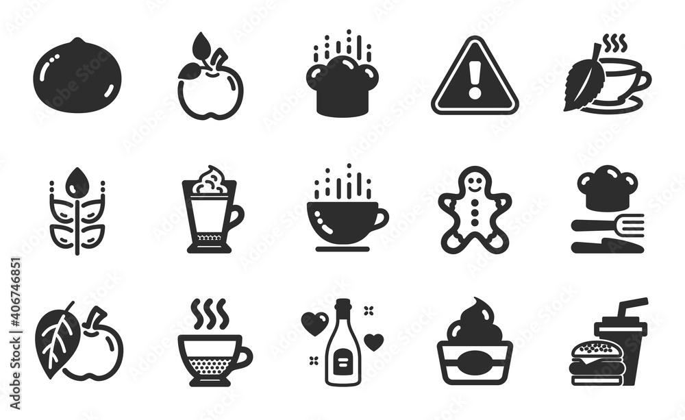 Mint tea, Ice cream and Macadamia nut icons simple set. Love champagne, Apple and Food signs. Eco food, Gingerbread man and Gluten free symbols. Doppio, Cooking hat and Coffee cup. Vector