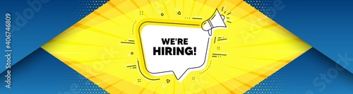 We're hiring symbol. Background with offer speech bubble. Recruitment agency sign. Hire employees symbol. Best advertising coupon banner. Hiring badge shape message. Abstract yellow background. Vector