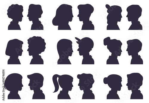 Face profile silhouettes. Male and female heads silhouettes, woman and man avatar portraits flat vector illustration set. People anonymous face silhouette with different hairstyle and caps