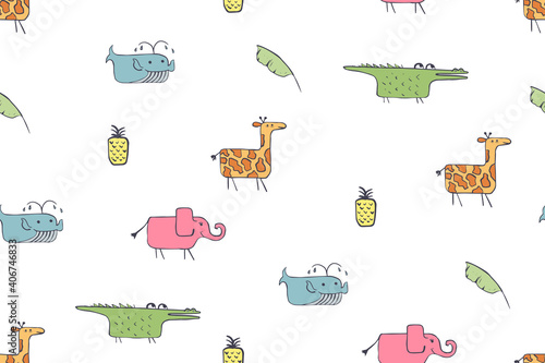 Seamless pattern, childish African animals illustration. Cute crocodile, funny giraffe on white. Cartoon character. Baby scandinavian vector pattern. Hand drawn illustratin for kids fabric, textile