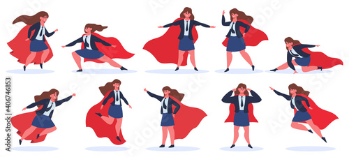 Businesswoman superhero. Female superhero character in superhero action poses in red cloak. Super hero powerful lady vector illustration set. Office manager in costume, leadership concept