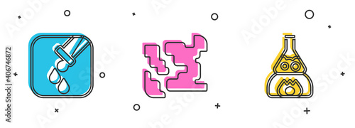 Set Test tube and flask, Gaseous and on fire icon. Vector.