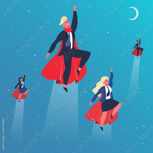 Business superheroes. Flying superhero characters, superheroes fly in action poses. Superhero teamwork and leadership concept vector illustration. Professional team with office employees in cloaks