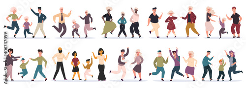 Happy dancing families. Parents dancing with children, mom, dad and kids having fun together, party at home. Family celebrating vector illustration set. Multicultural mother, father and babies