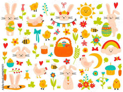 Easter spring elements. Eggs, rabbit, flowers and chickens, cute easter theme symbols. Holiday easter icons cartoon vector illustration set. Holiday greeting stickers with plants and basket