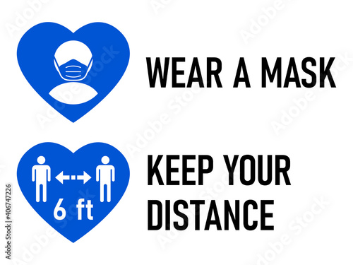Set of Heart Sticker Icons for Coronavirus Measures including Wear a Mask and Keep Your Distance 6 ft or 6 Feet. Vector Image.