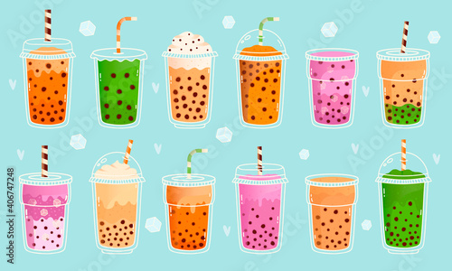 Bubble milk tea. Pearl milk tea, matcha milk, cocoa, fruit flavours and green tea, asian cute drinks. Boba milk tea with tapioca pearls vector illustration set. Plastic cups with dessert drink