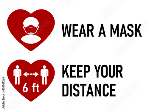 Set of Heart Sticker Icons for Coronavirus Measures including Wear a Mask and Keep Your Distance 6 ft or 6 Feet. Vector Image.