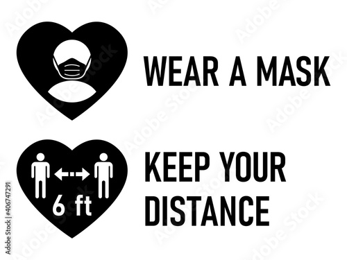 Set of Heart Sticker Icons for Coronavirus Measures including Wear a Mask and Keep Your Distance 6 ft or 6 Feet. Vector Image.