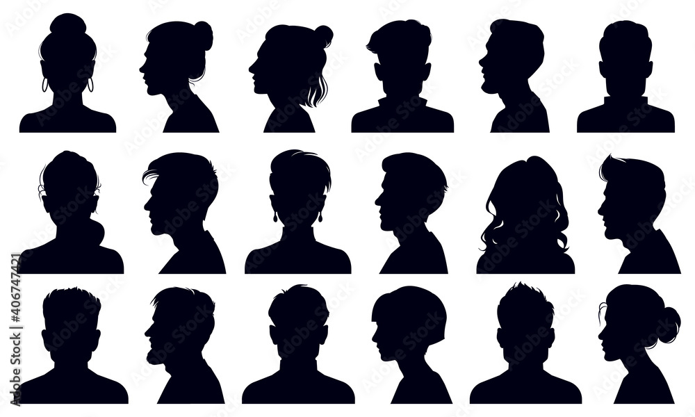 Head silhouettes. Female and male faces portraits, anonymous person head silhouette vector illustration set. People profile and full face portraits. Black outline avatars, unknown characters