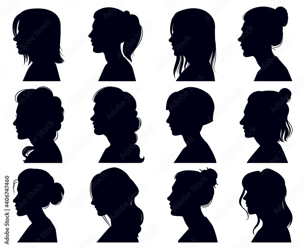 Female head silhouette. Women faces profile portraits, adult female anonymous characters face silhouettes. Girls profiles vector illustration set. Elegant beautiful ladies with hairdo Female head silhouette. Women faces profile portraits, adult female anonymous characters face silhouettes. Girls profiles vector illustration set. Elegant beautiful ladies with hairdo
