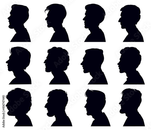 Male profile face silhouette. Adult men anonymous characters shadow portraits. Men heads black outline silhouettes vector illustration set. Guys with different hairstyle and beard isolated