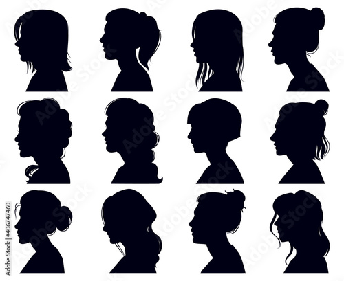 Female head silhouette. Women faces profile portraits, adult female anonymous characters face silhouettes. Girls profiles vector illustration set. Elegant beautiful ladies with hairdo