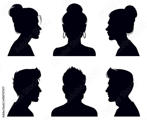 Male and female head silhouettes. People profile and full face portraits, anonymous shadow portraits vector illustration set. Adult people face silhouettes. Man and woman head from different sides