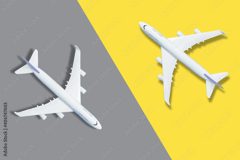 Air travelling concept airplane on background, banner, copy space Trendy colors 2021 - Gray and Yellow. 3d rendering Air travelling concept airplane on background, banner, copy space Trendy colors 2021 - Gray and Yellow. 3d rendering