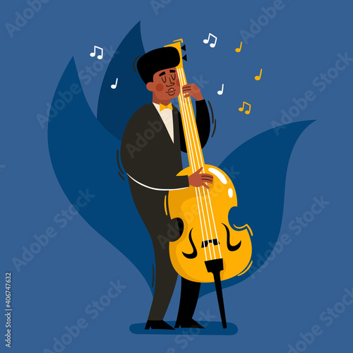 African male musician in black costume holding contrabass